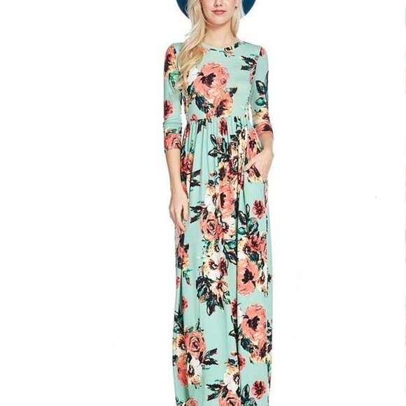 Bohemian Style Floral Print Gathered Waist Flowing Maxi Dress with Pockets L - Picture 5 of 7